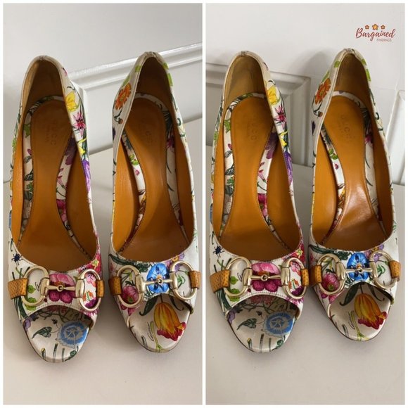 Authentic GUCCI Botanical Floral Satin & Karung Horsebit Peep Toe Pumps Size 7.5 - Picture 11 of 14